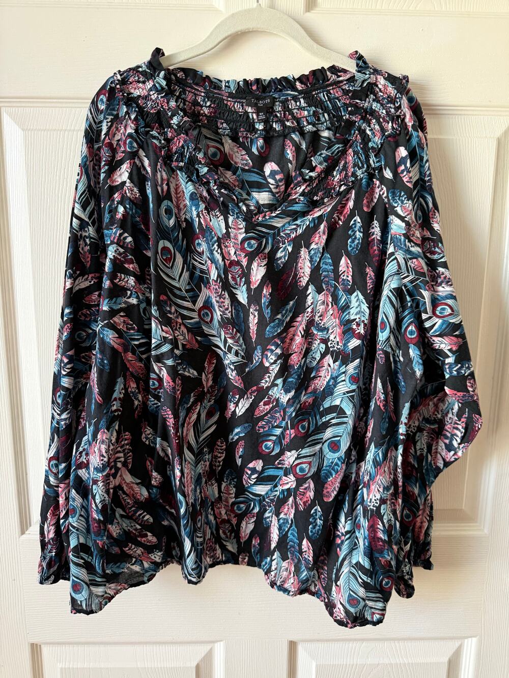 Feather Print Talbots Plus Pullover Blouse Size 3X Boho Cottagecore Peasant Top